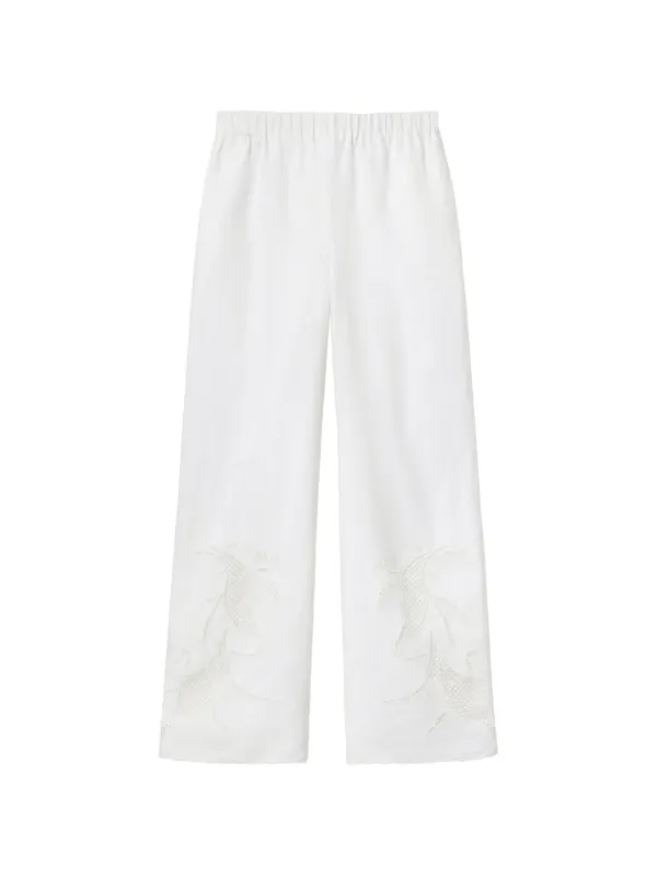 Lafayette 148 Riverside Embroidered Palazzo Pants in White