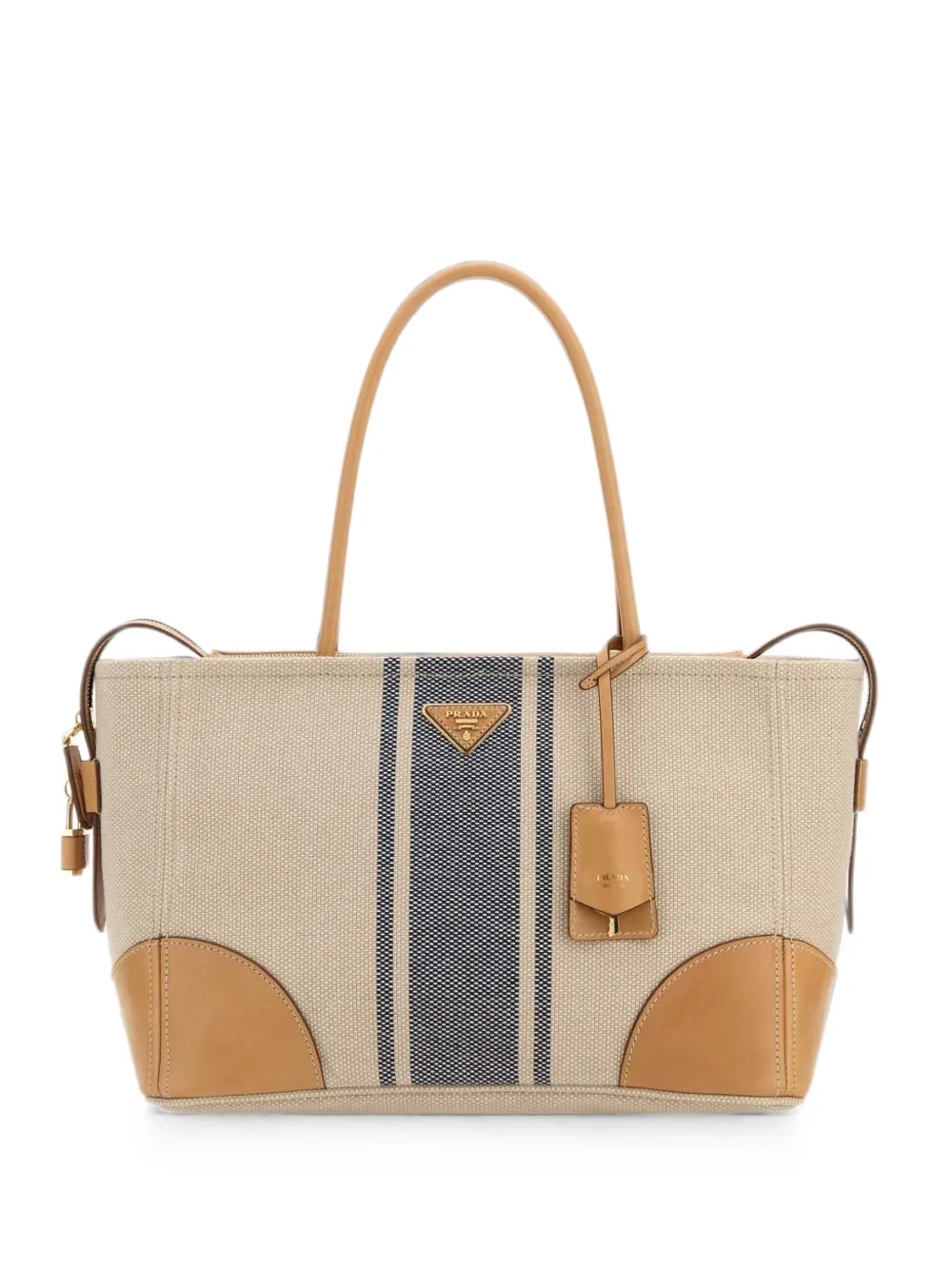 Prada large logo-plaque striped tote bag - Toni neutri