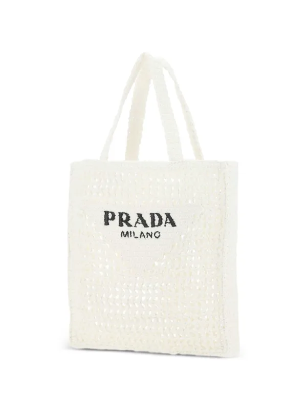 Prada logo-embroidered Raffia Tote Bag | White | FARFETCH