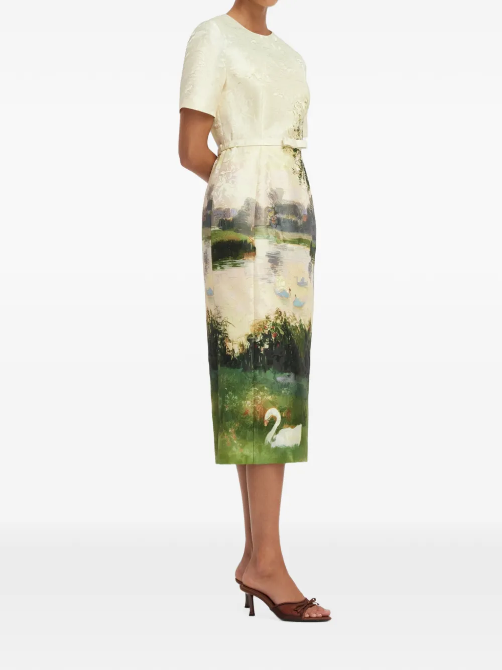 Leo Lin Elizabeth midi-jurk met jacquard-patroon Beige