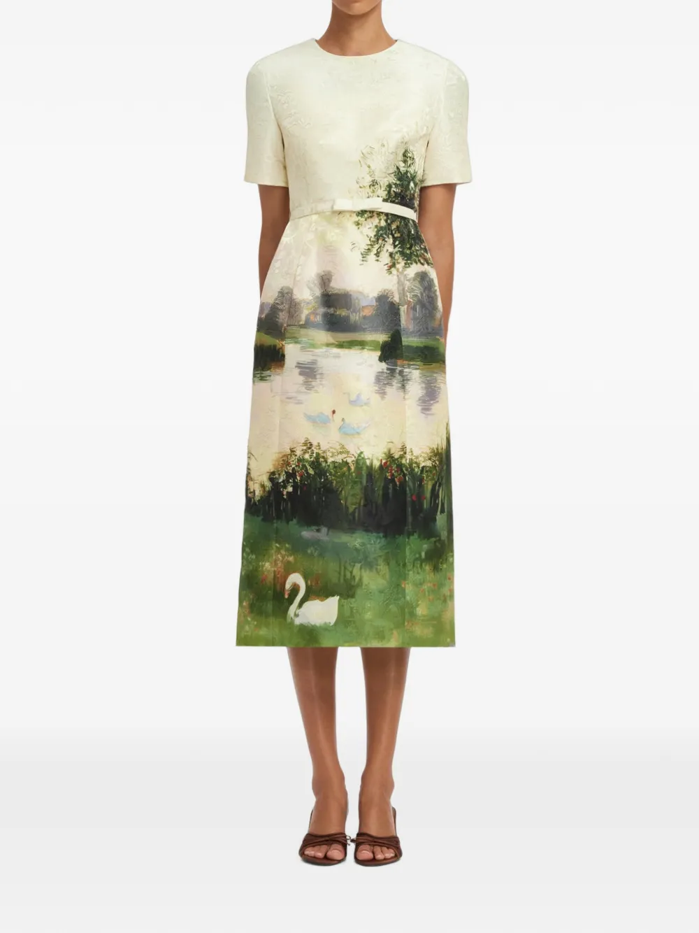Leo Lin Elizabeth midi-jurk met jacquard-patroon Beige