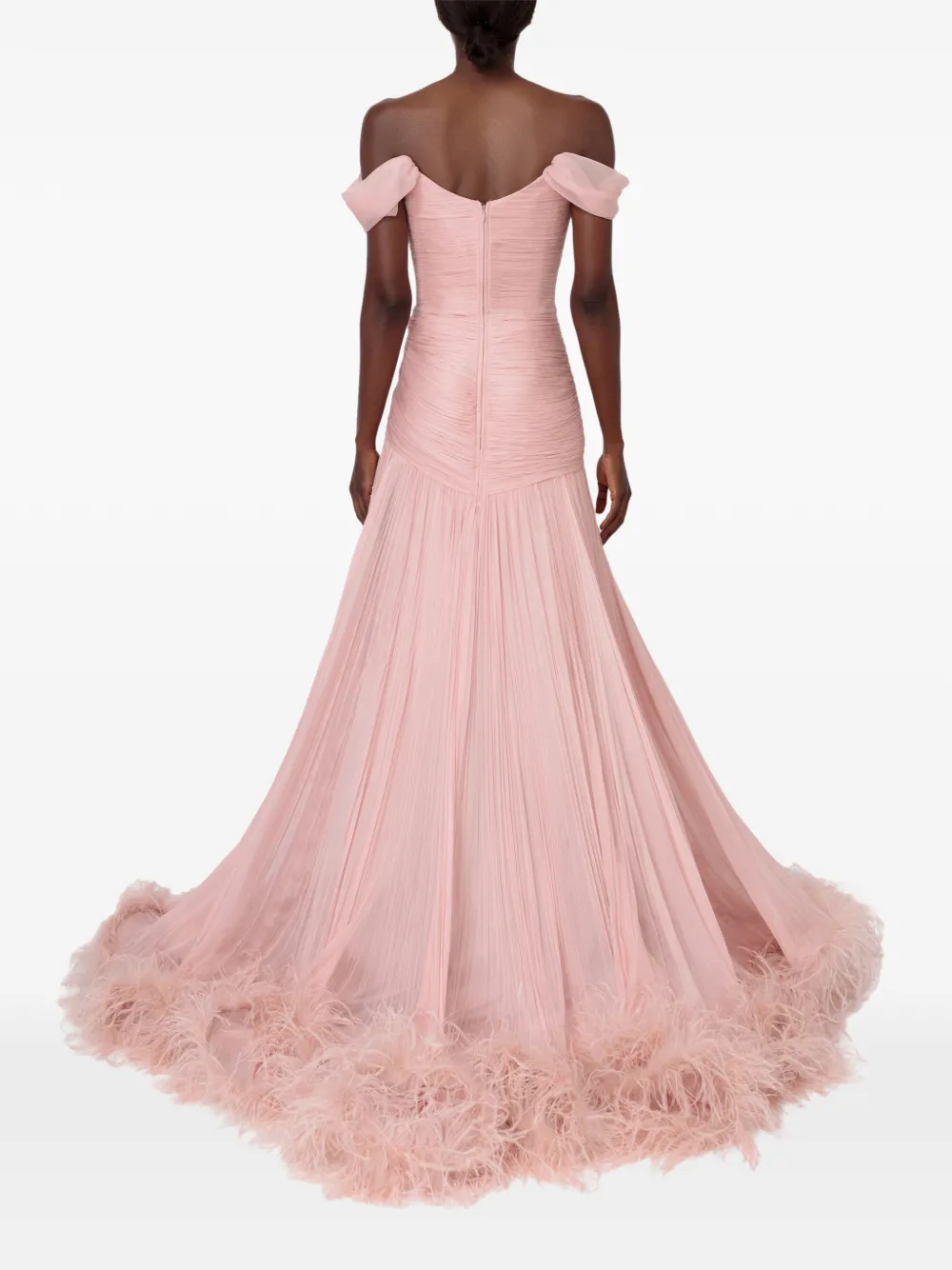 Iris Serban Petal flare silk gown with off-shoulder sleeves and feathers trim Roze