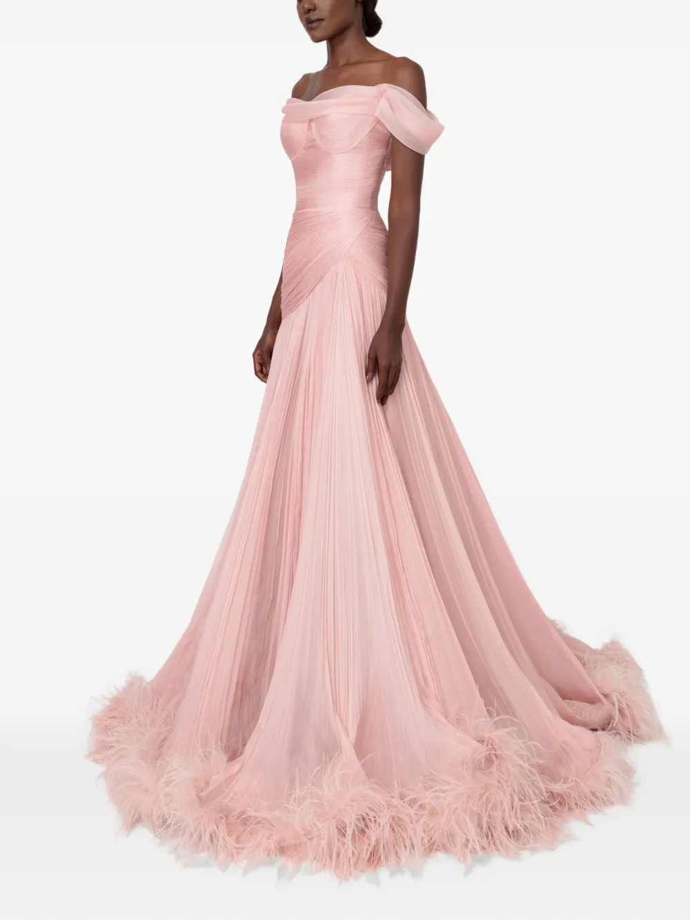 Iris Serban Petal flare silk gown with off-shoulder sleeves and feathers trim Roze