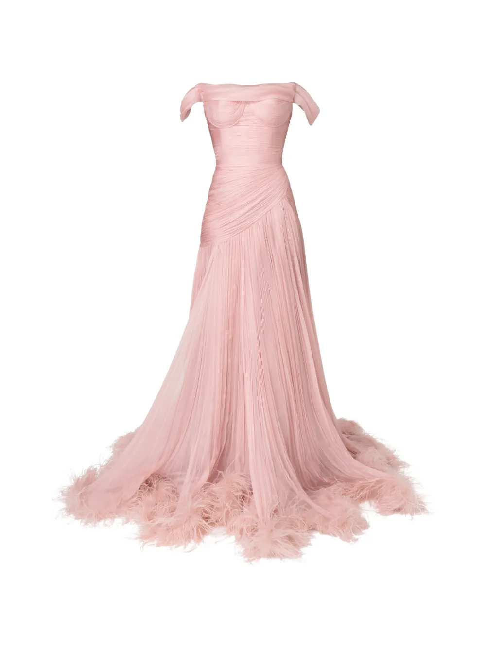 Iris Serban Petal flare silk gown with off-shoulder sleeves and feathers trim - Rosa