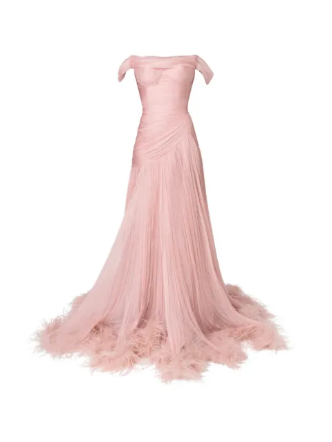 Iris Serban vestido de fiesta Petal de seda acampanado con hombros descubiertos y ribete de plumas