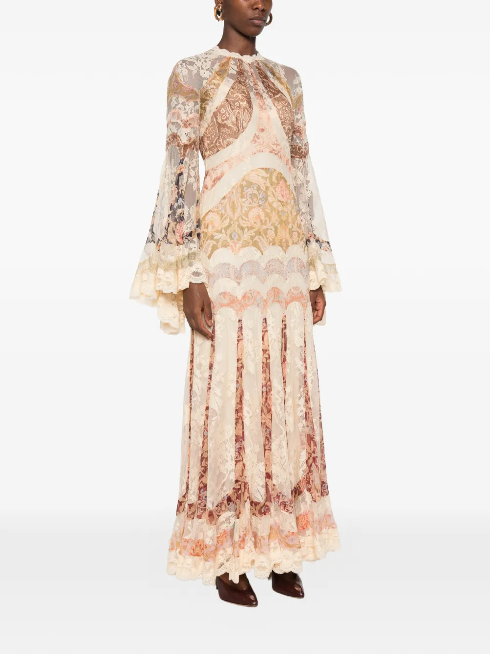 ZIMMERMANN Valiant maxi-jurk met bloemen-print en kanten afwerking Beige