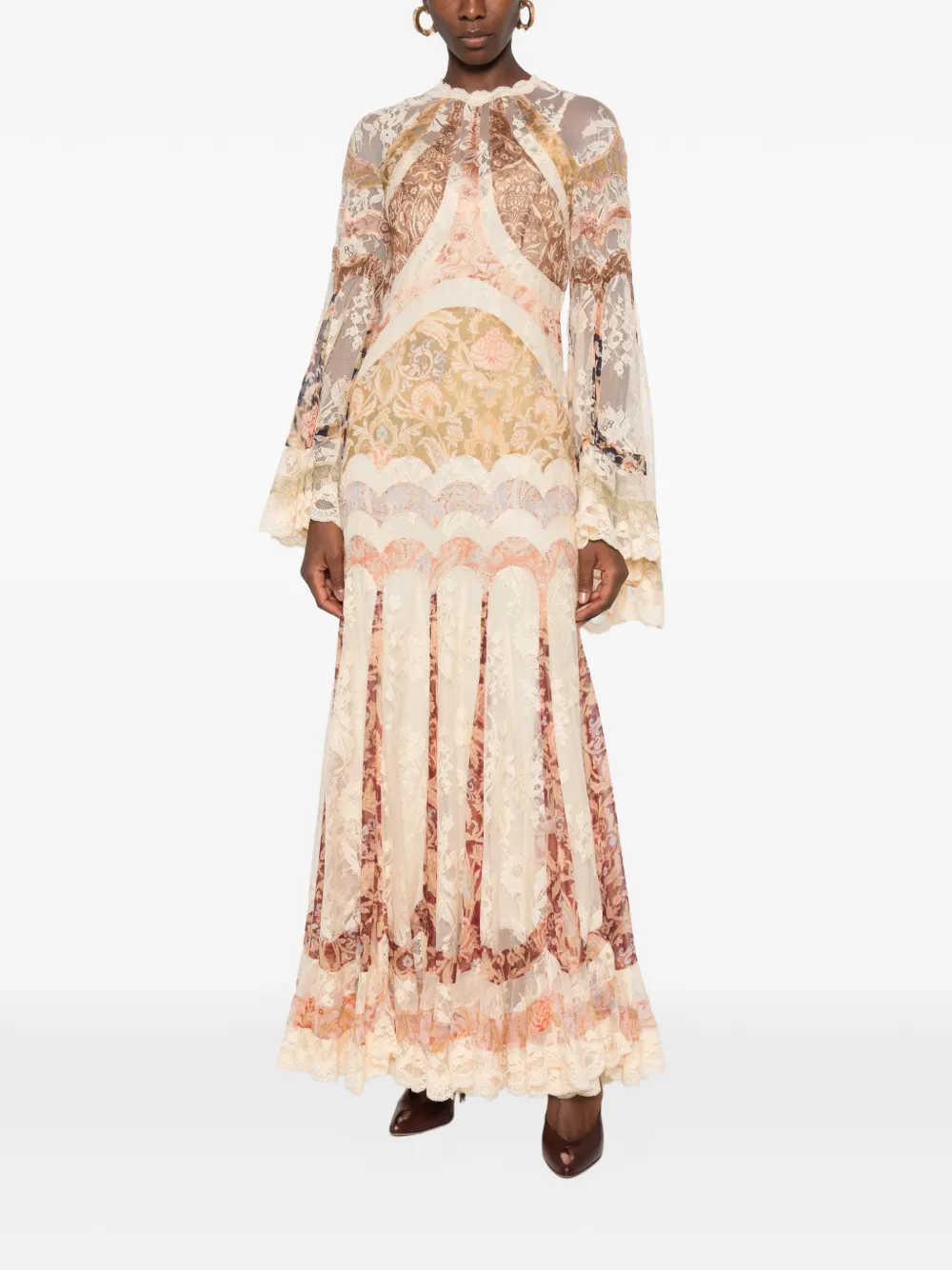 ZIMMERMANN Valiant maxi-jurk met bloemen-print en kanten afwerking Beige
