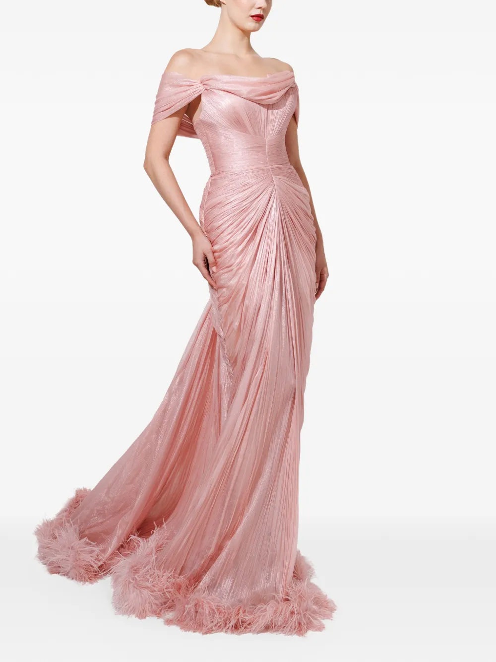 Iris Serban Viola feather-trim maxi dress Roze