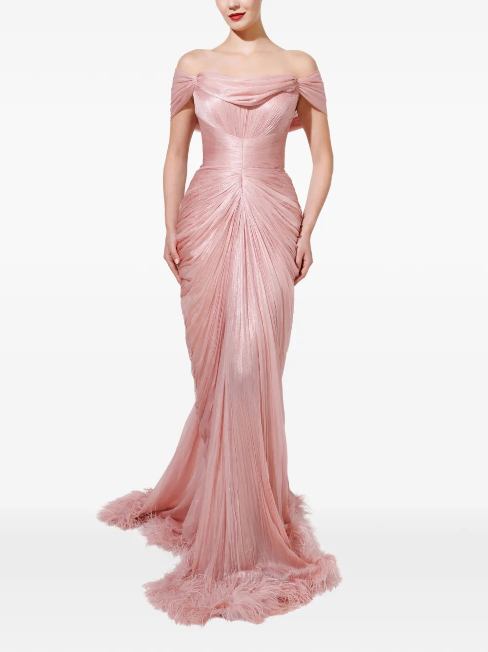 Iris Serban Viola feather-trim maxi dress Roze