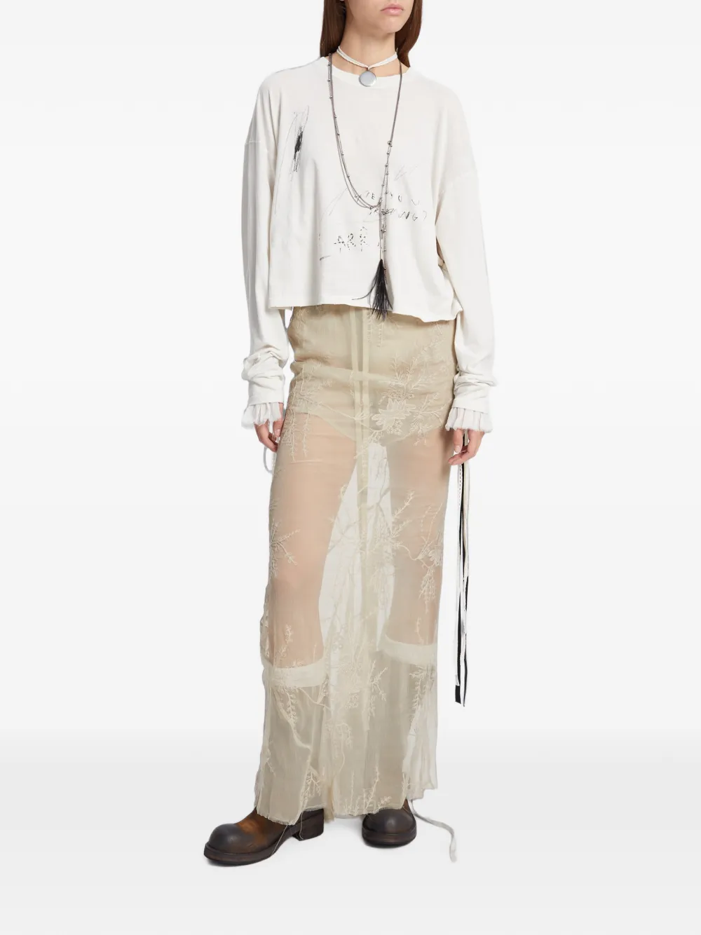 Ann Demeulemeester Zijden-voile maxi-rok met borduurwerk Beige