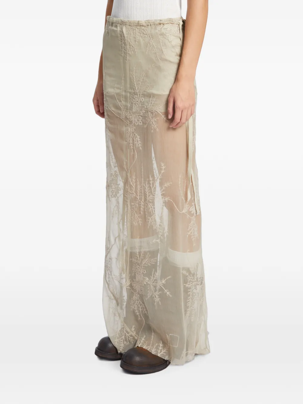 Ann Demeulemeester Zijden-voile maxi-rok met borduurwerk Beige