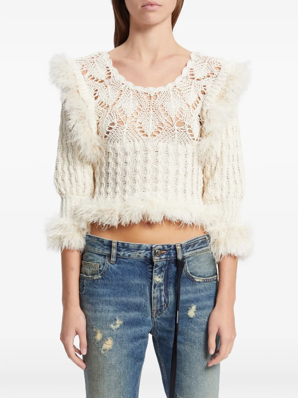 Ann Demeulemeester Dudu Feather-trim Pointelle-knit Sweater In Neutral