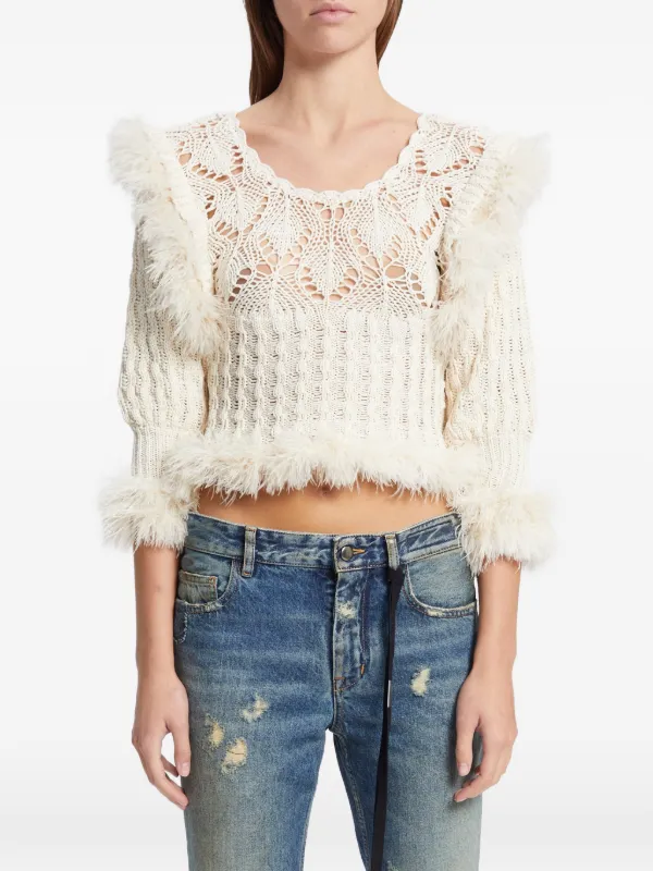 Ann Demeulemeester Dudu Feather-trim Pointelle-knit Sweater in Neutrals