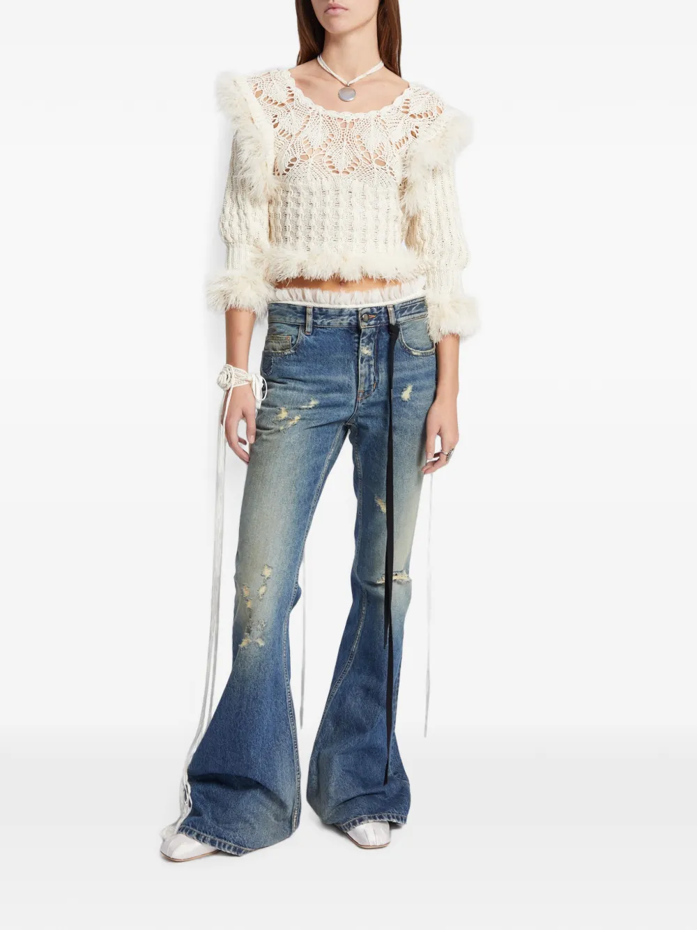 Ann Demeulemeester Dudu Feather-trim Pointelle-knit Sweater in Neutrals, view 2