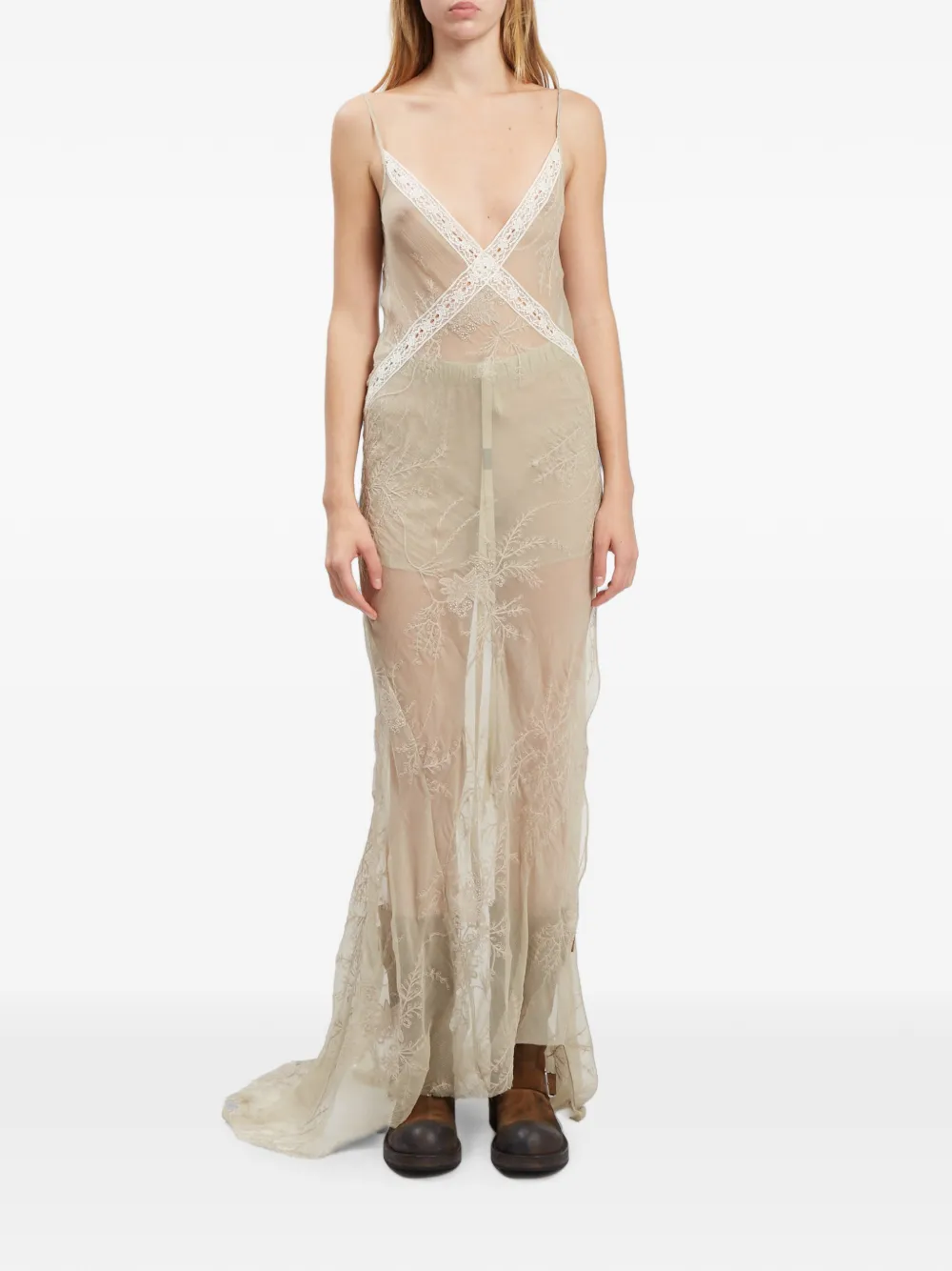 Ann Demeulemeester embroidered silk-voile maxi dress - Toni neutri