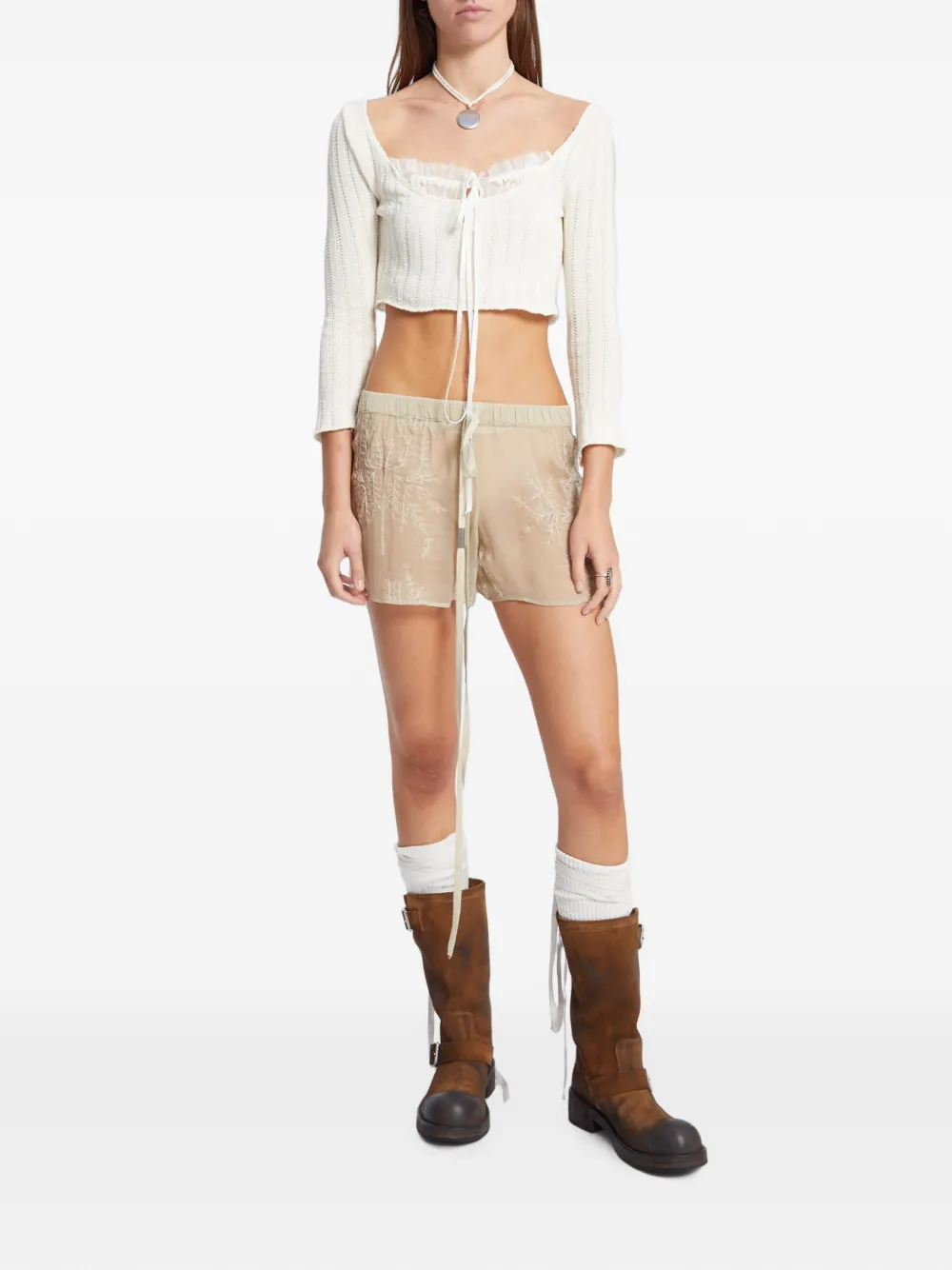 Ann Demeulemeester Nisa zijden voile shorts met borduurwerk Beige