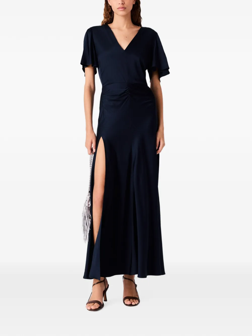 Maje Maxi-jurk met gesmockte taille en V-hals Blauw