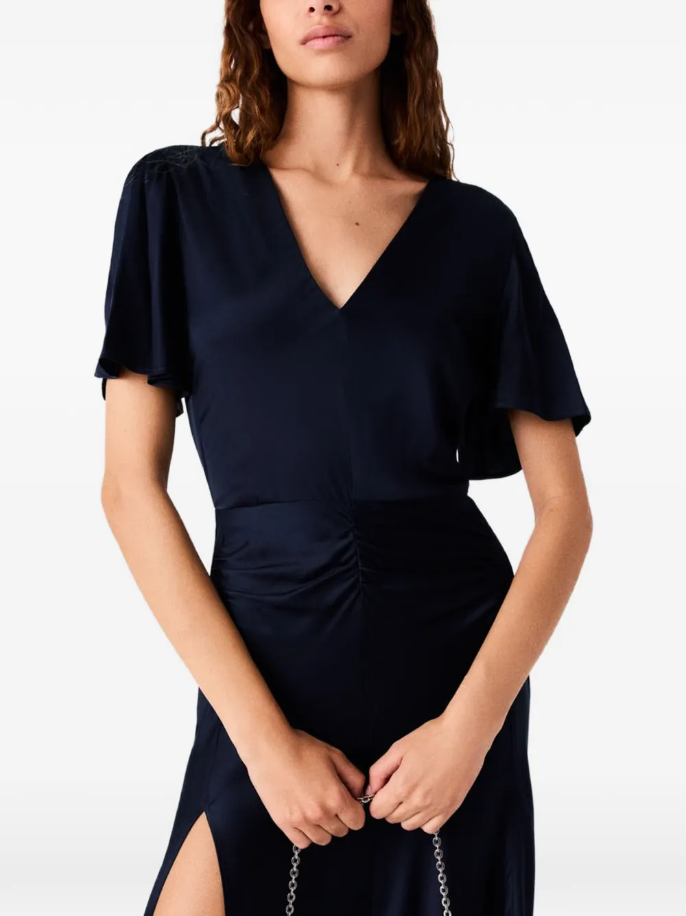Maje Maxi-jurk met gesmockte taille en V-hals Blauw