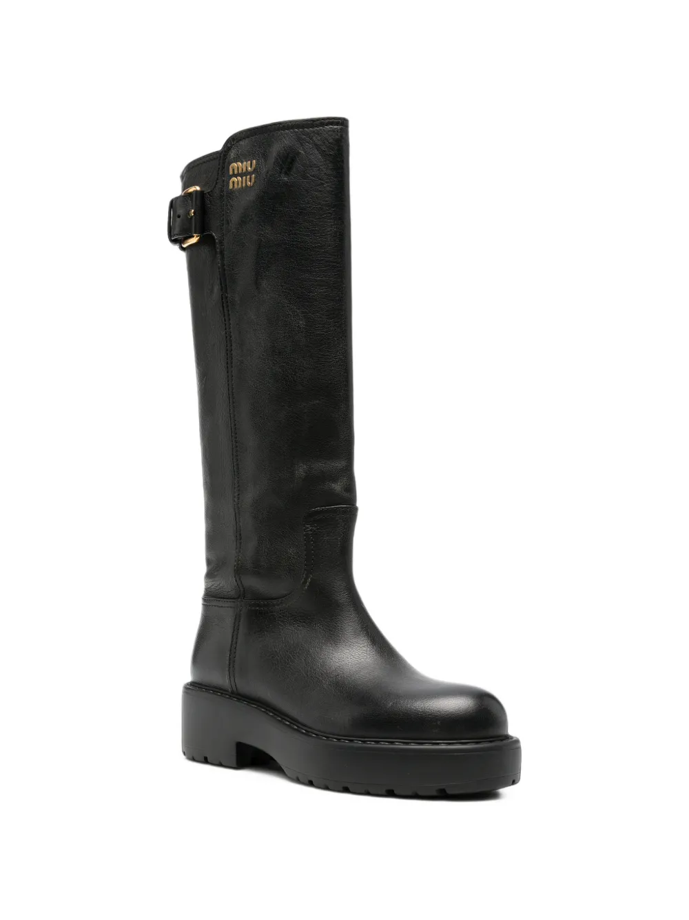 Miu buckle-detail logo-plaque boots Zwart