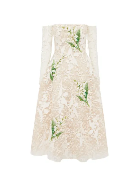Leo Lin vestido midi con encaje y bordado floral