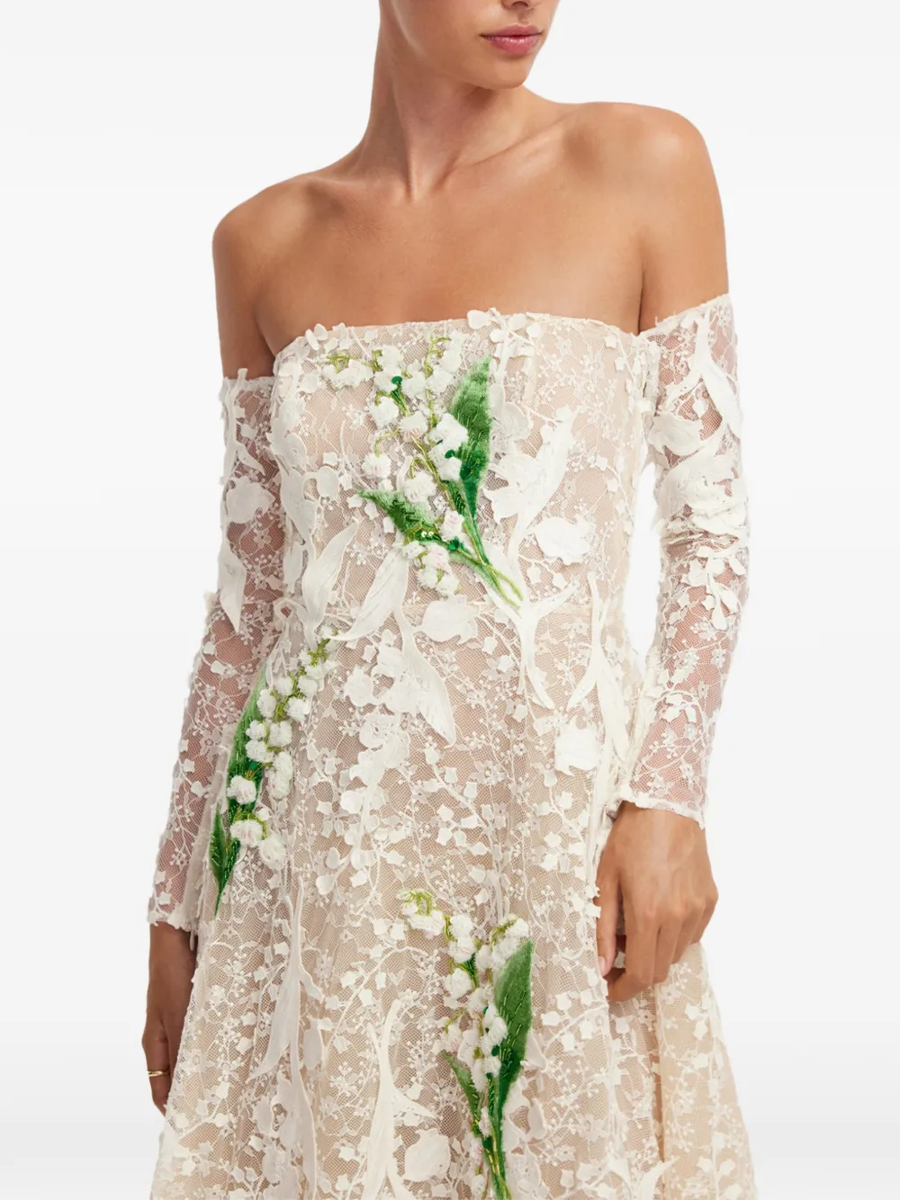 Leo Lin Floral-embroidered Lace-overlay Midi Dress in White, view 4