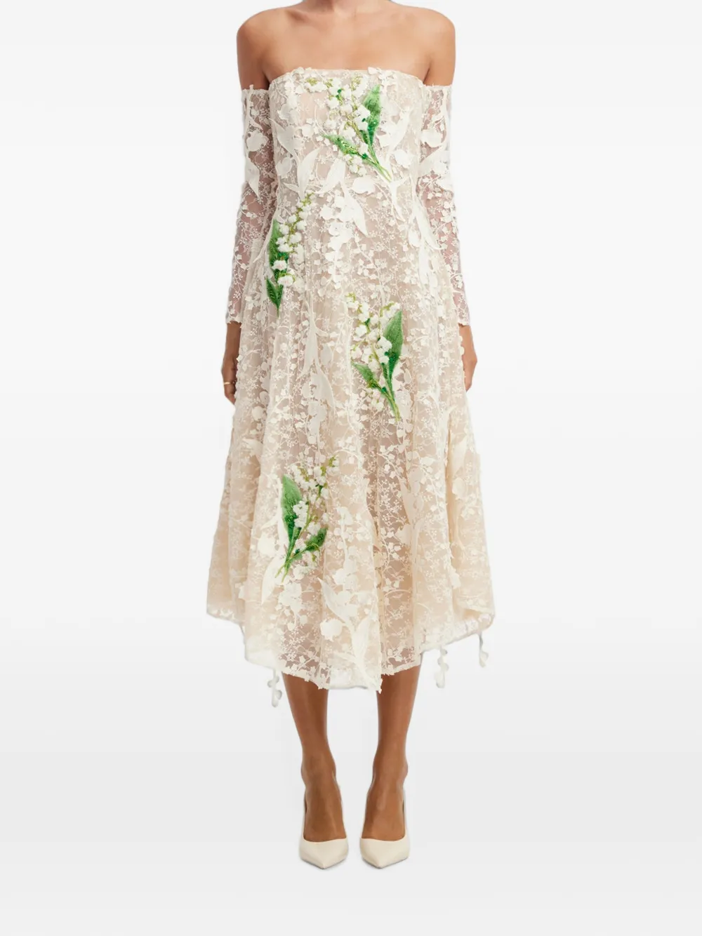 Leo Lin Floral-embroidered Lace-overlay Midi Dress in White, view 3