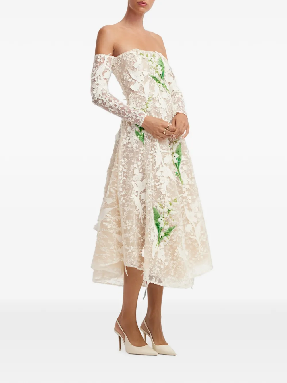 Leo Lin Floral-embroidered Lace-overlay Midi Dress in White, view 2