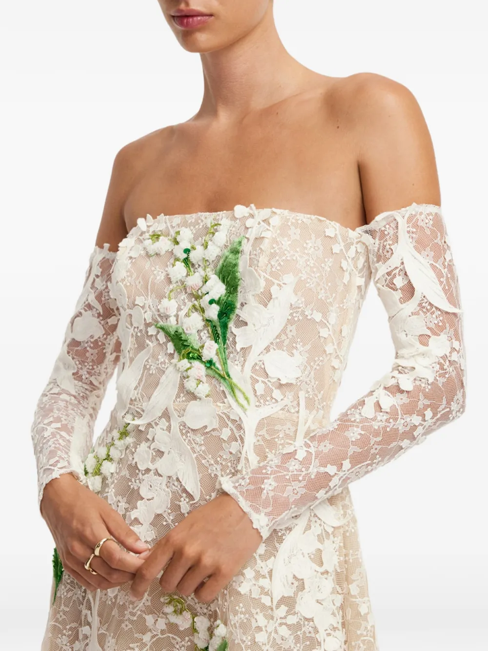 Leo Lin Floral-embroidered Lace-overlay Midi Dress in White, view 5