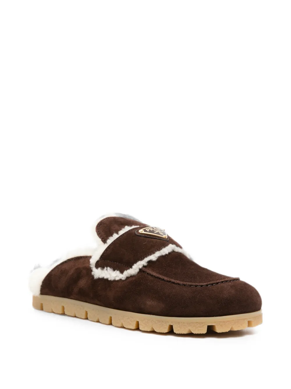 Prada shearling-trim logo-plaque suede mules Bruin