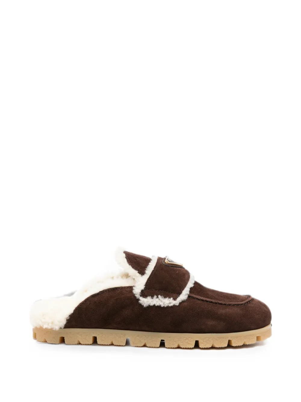 Prada shearling-trim logo-plaque suede mules - Braun