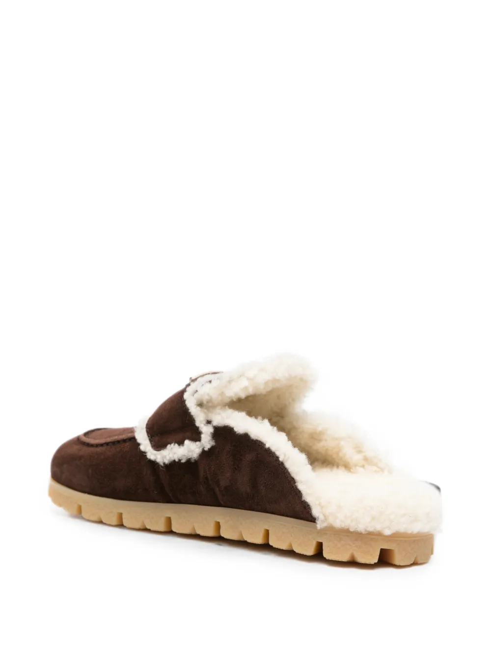 Prada shearling-trim logo-plaque suede mules Bruin