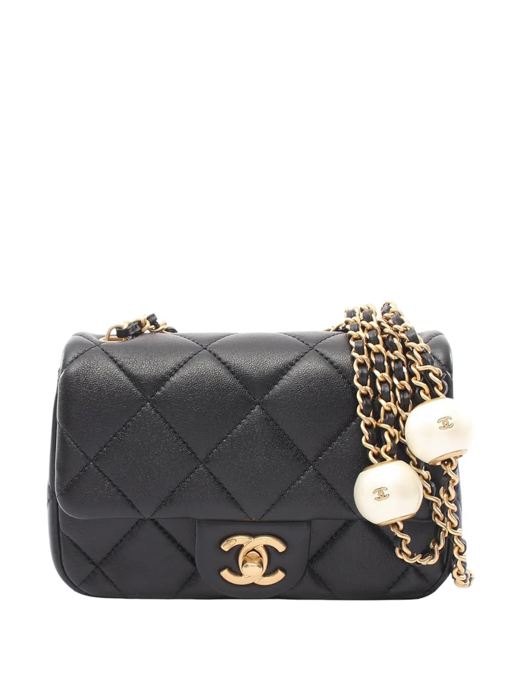 CHANEL Pre-Owned 2021-2026 Mini Quilted Lambskin Pearl Strap Flap crossbody bag - Nero