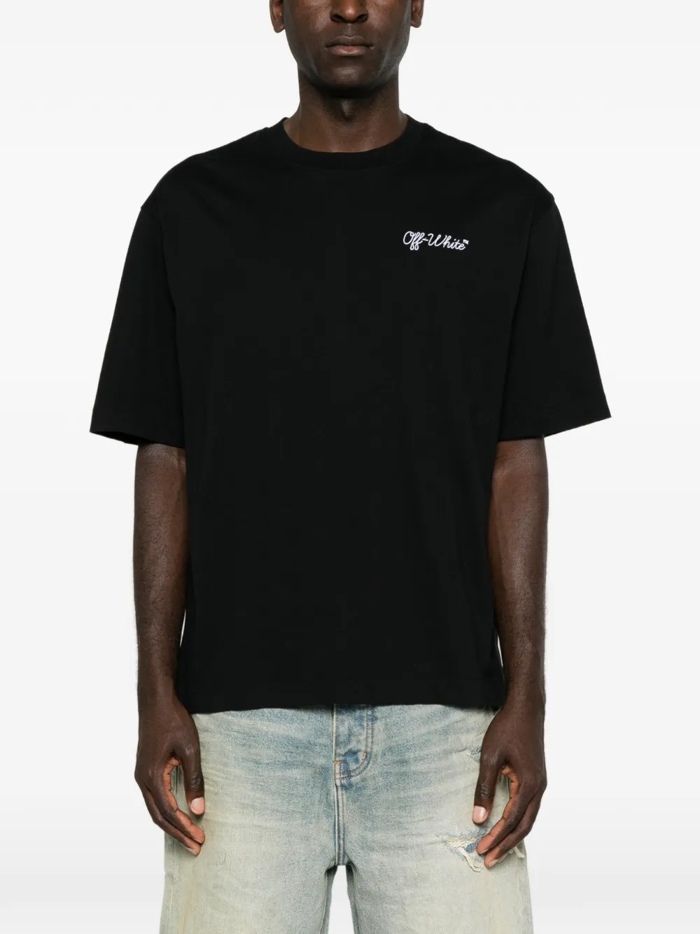 Off-white Crew-neck Cotton T-shirt With Contrasting Logo In Blue