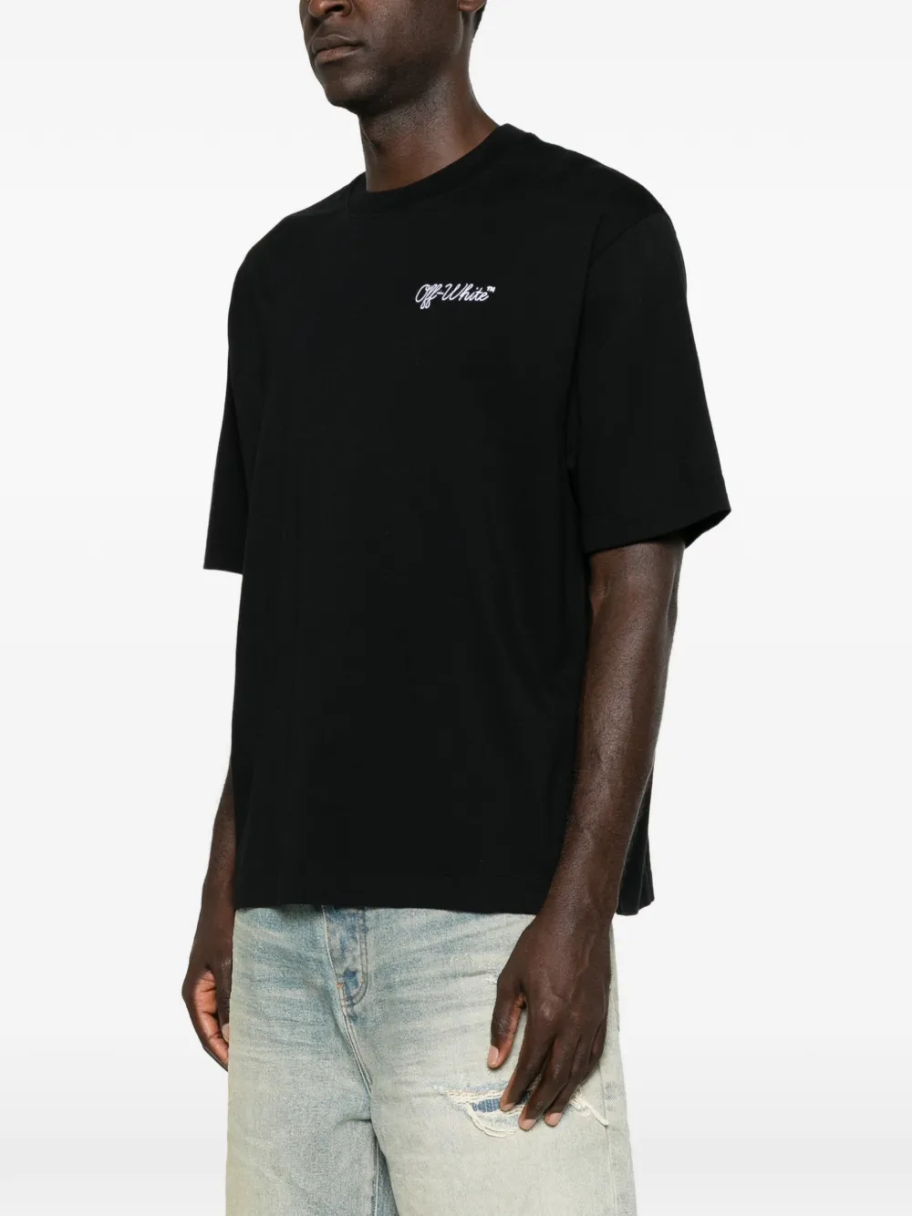 Off-white Crew-neck Cotton T-shirt With Contrasting Logo In Blue
