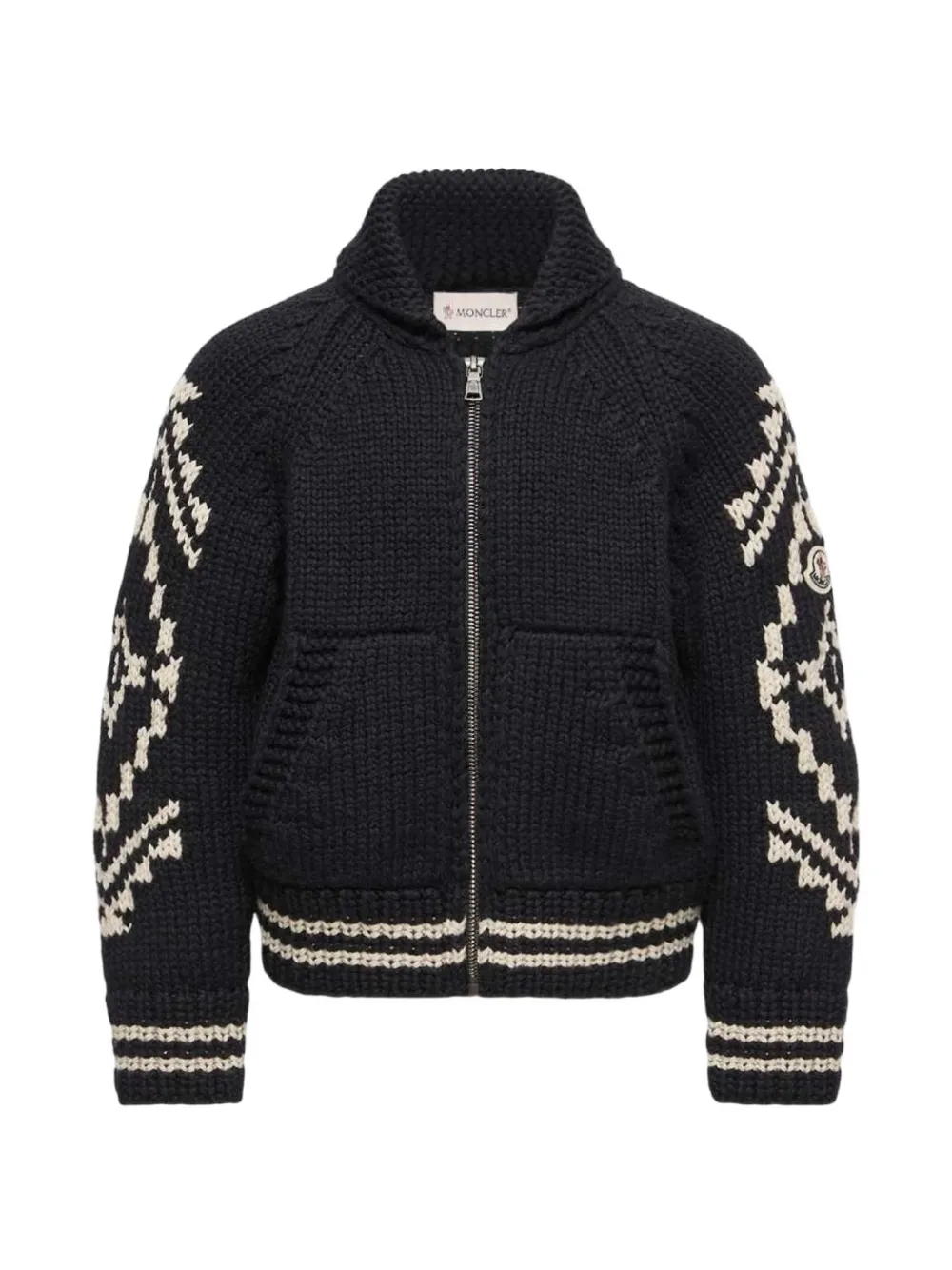 Moncler Enfant intarsia-knit shawl-collar cardigan Blauw