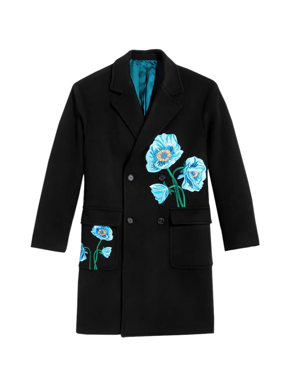 Awake NY floral-embroidered double-breasted overcoat - Schwarz