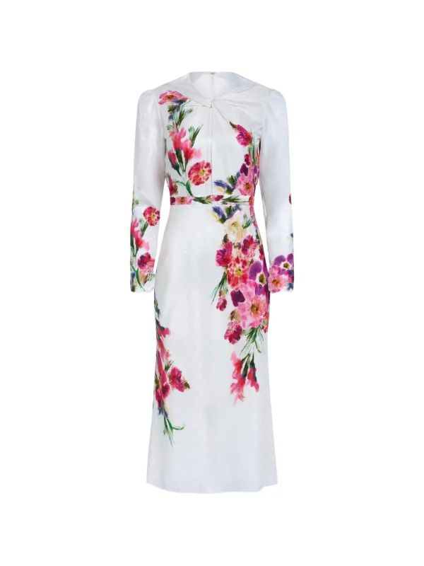 Saloni Midi Claudia Floral-print Silk Dress in White