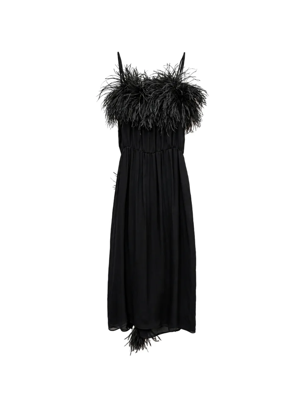 Pre-owned Prada Feather-trim Midi Dress In Black