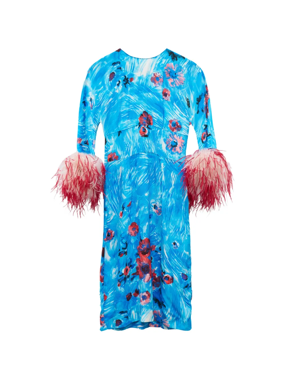 Prada Pre-Owned 2017 feather-trim floral-print midi dress - Blau