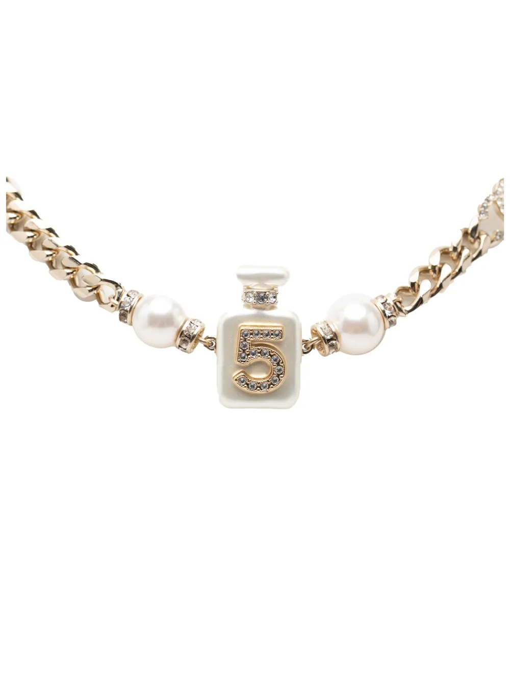 CHANEL Pre-Owned 2022 CC Gold Plated Faux Pearl Strass No 5 Perfume Bottle Pendant Necklace costume necklace - Oro