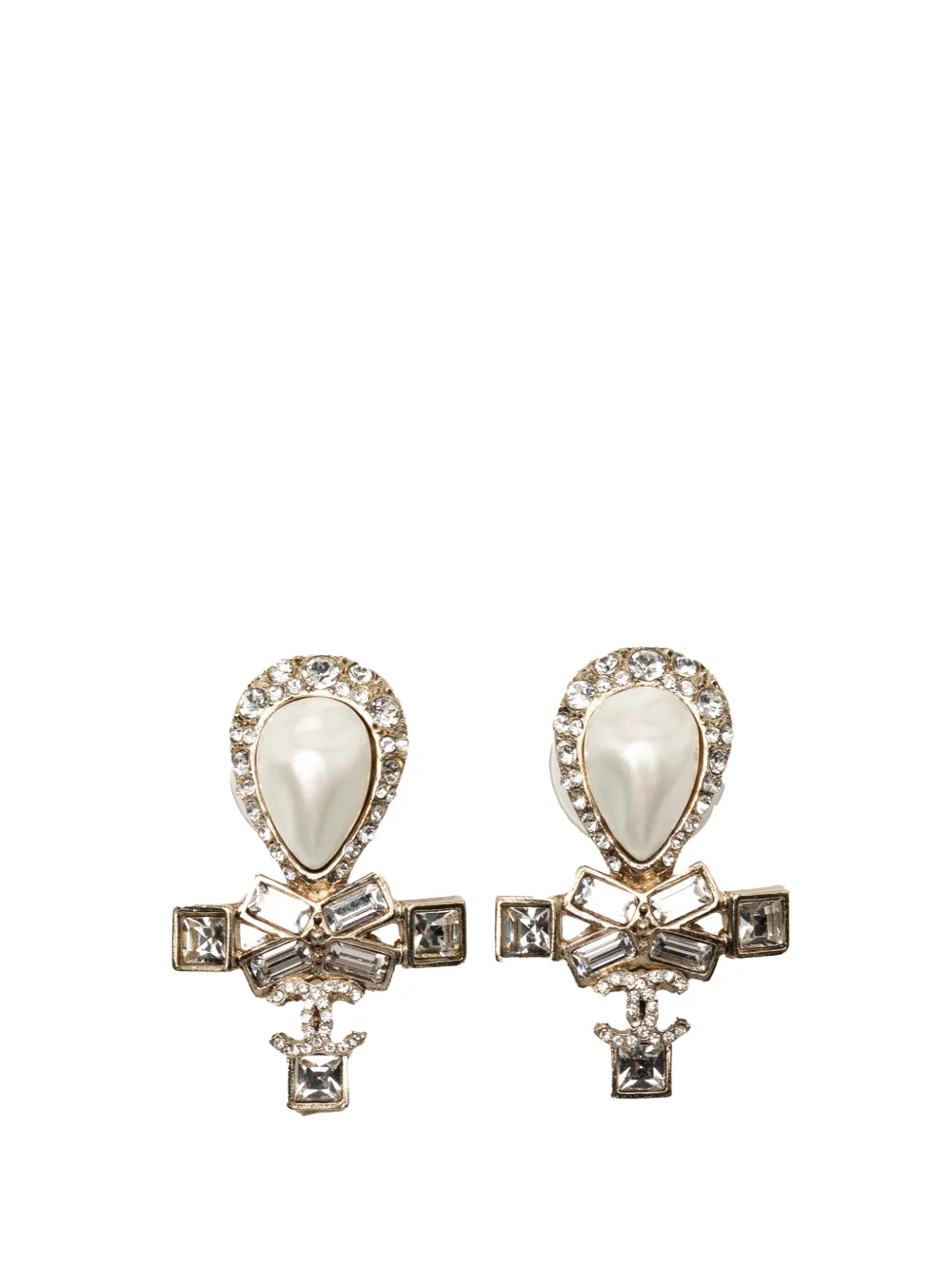 CHANEL Pre-Owned 2019 CC Gold Plated Strass Faux Pearl Tear Drop Ribbon Push Back Earrings costume earrings