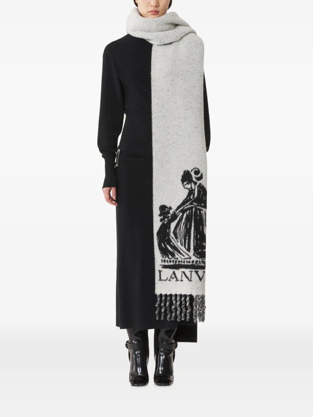 Lanvin Logo-print Fringed Scarf in Grey, view 4
