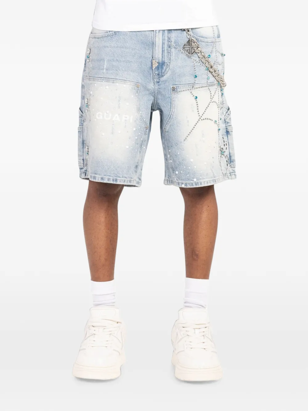 GUAPI spiderweb-embellished denim shorts - Blu
