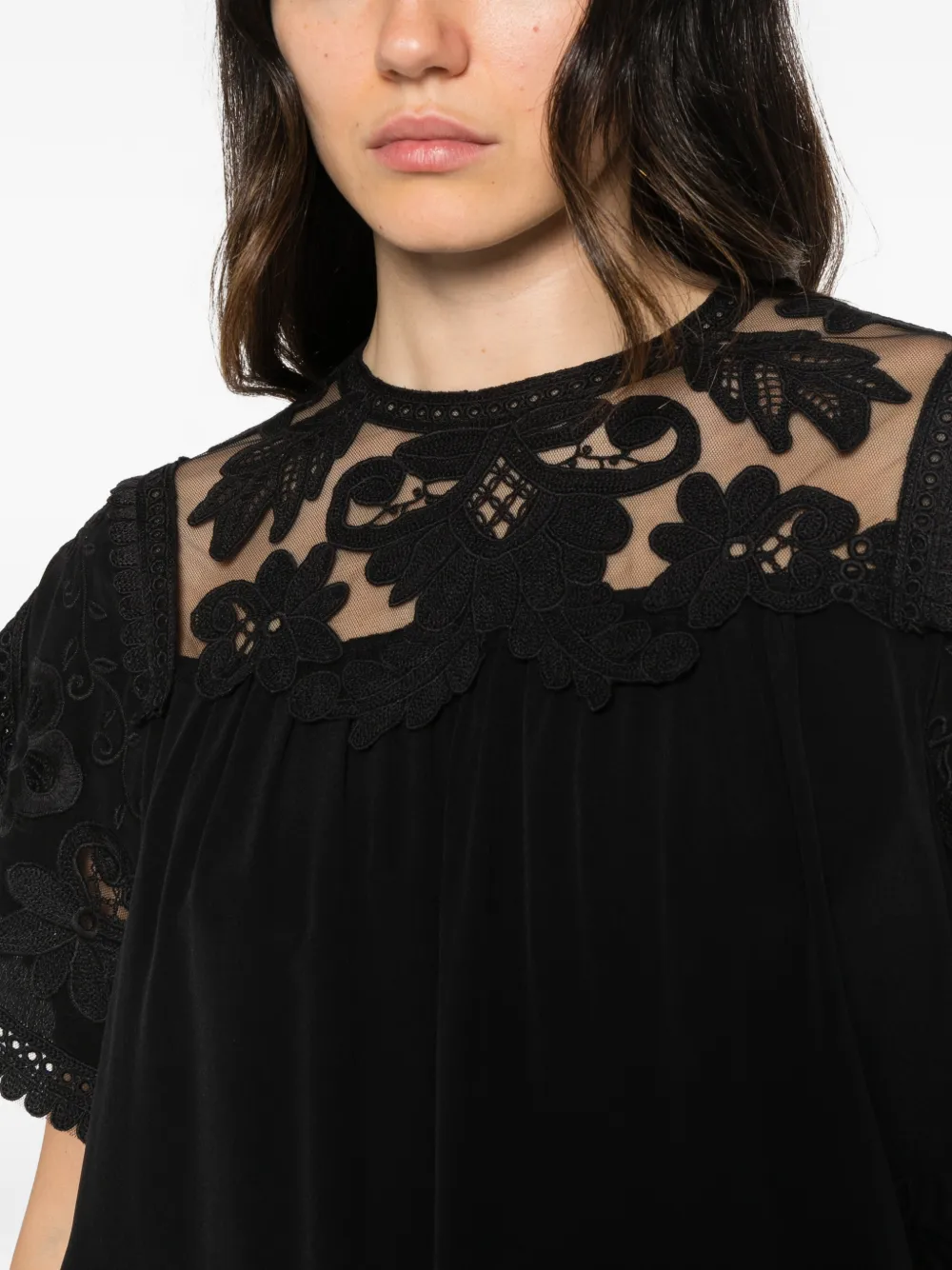 Ulla Johnson Alma lace-embroidered silk top Zwart