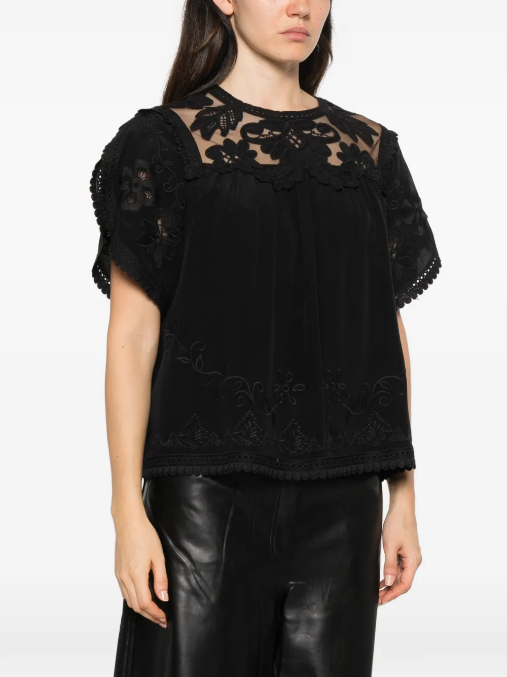 Ulla Johnson Alma lace-embroidered silk top Zwart