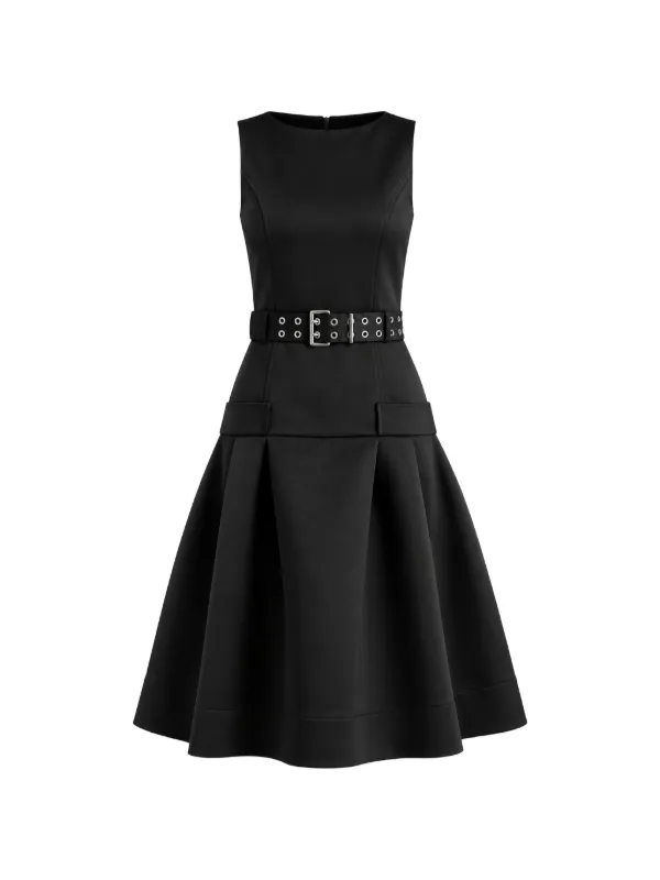 ganni black midi dress belted-waist Pleated | Maxi dress