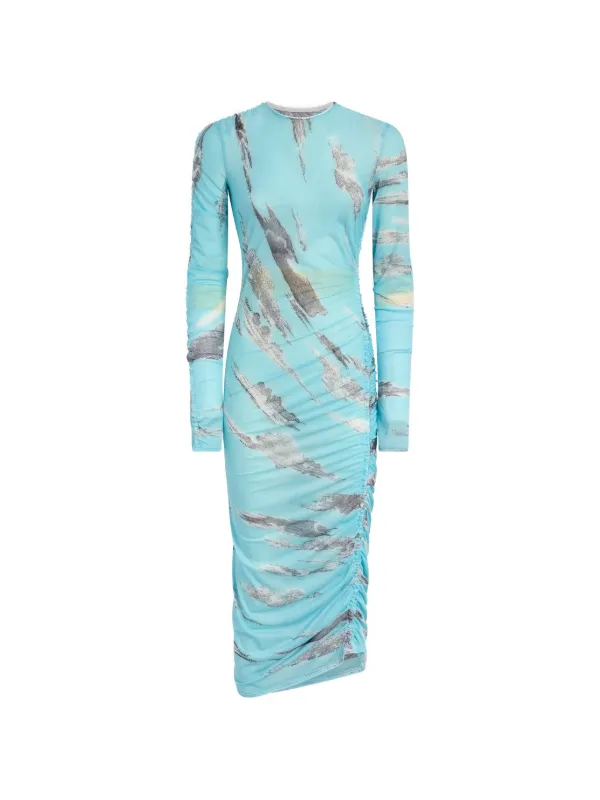 moschino bodycon dress Archive Clouds ruched-detailing cloud-print Midi | Blue Chest Size:40 88% Polyester season:Fall/Winter Zhangyo Silk Satin Bridesmaid