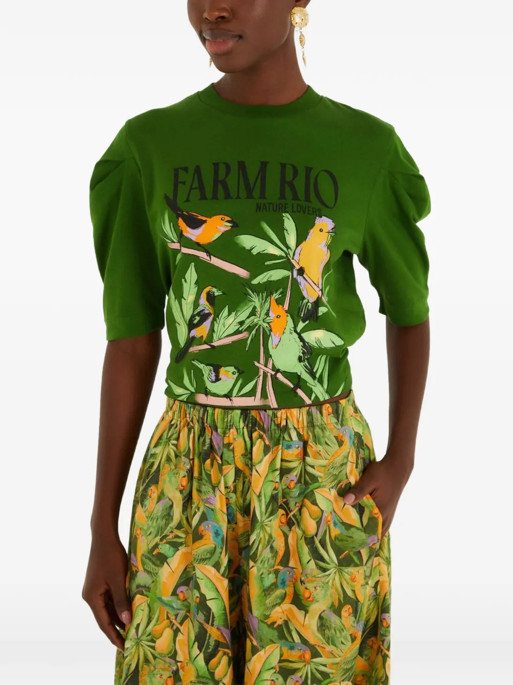 FARM Rio puff-sleeves graphic-print T-shirt