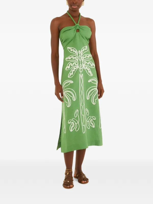 Green Palm Tree Embroidered Midi Dress