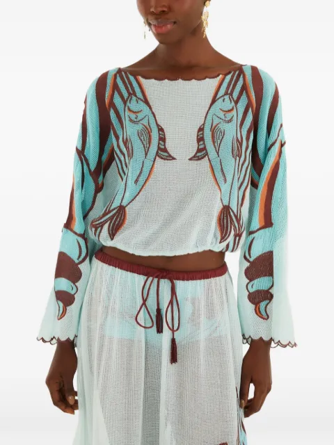 FARM Rio fish-print open-knit blouse